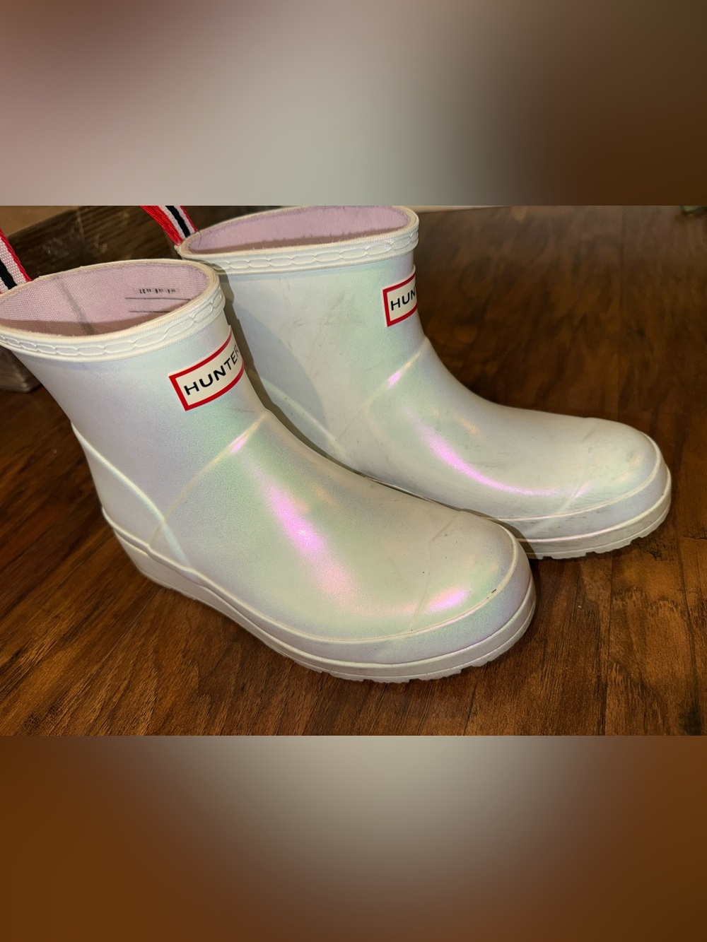 Hunter Iridescent White Short Rain Boots with Pink Sheen